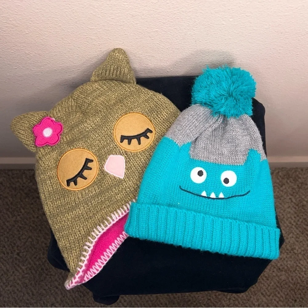 Set Of 2 Girls Hats Winter Fun Knit Owl  Monster Cute Cozy Winter 2T 5T